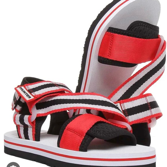 Hunter Womens Beach Stripe Red and Black Sandals - Picture 1 of 8